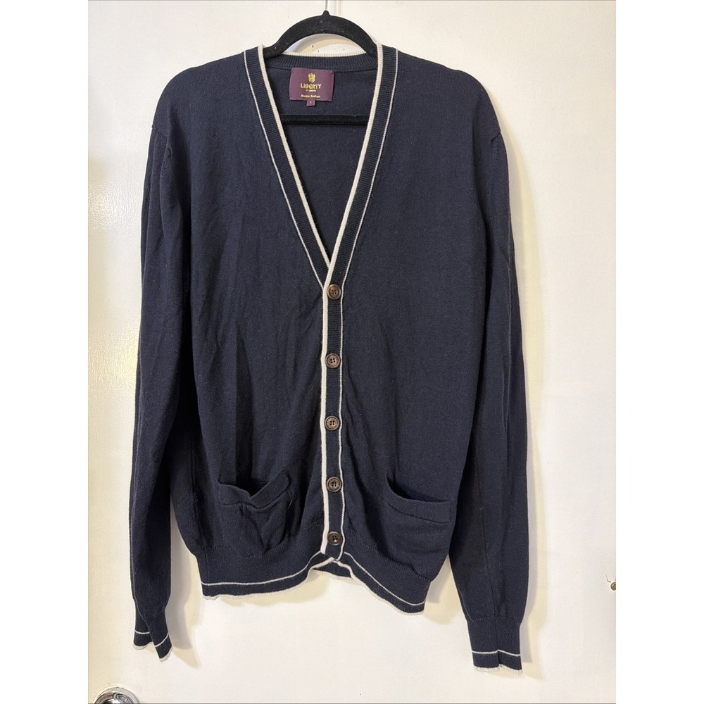 Men's Liberty of London Navy White College Stripe Cashmere Silk Cardigan Preppy